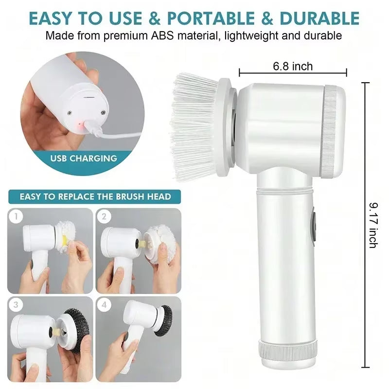 Cordless Electric Rotary Scrubber with 5 Replaceable Brush Heads, Rechargeable Bathroom and Kitchen Tile Cleaning Brush
