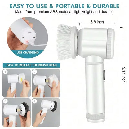 Cordless Electric Rotary Scrubber with 5 Replaceable Brush Heads, Rechargeable Bathroom and Kitchen Tile Cleaning Brush