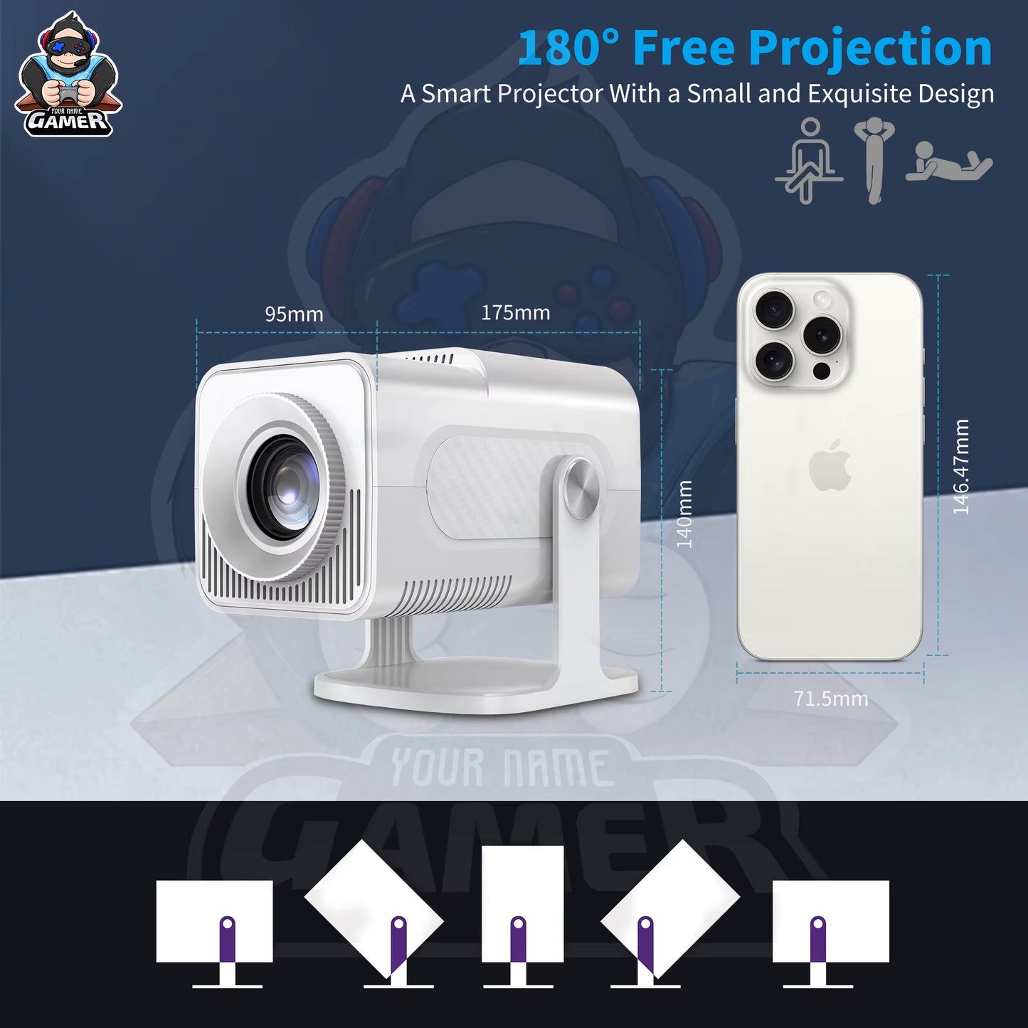 White Hcs350Pro Retro Video Game Consoles Android12.0 HD TV OS System WIFI Portable Intelligent Projector 720P Home Projector